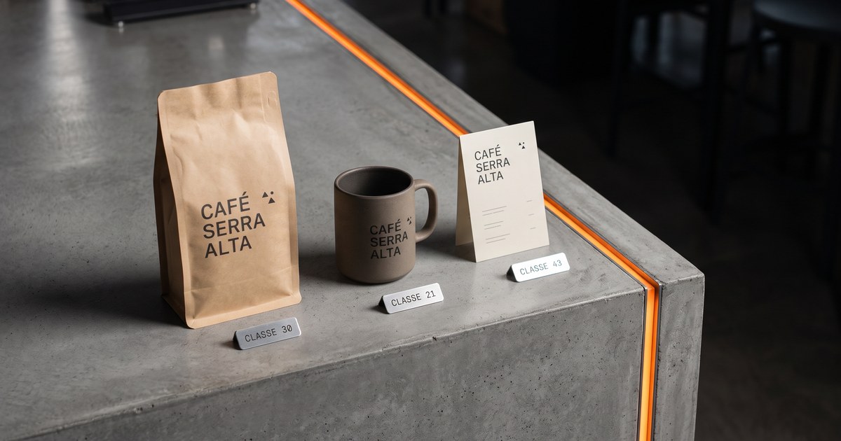 Vista de cima de um balcão de concreto polido com três objetos em fila, todos com o nome Café Serra Alta: um pacote de café de papel kraft, uma caneca de cerâmica e um cavalete de cardápio. Diante de cada um há uma plaquinha de alumínio escovado com a palavra classe e um número: 30, 21 e 43.