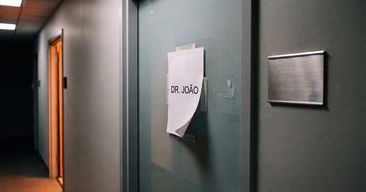 Porta de vidro jateado de consultório com uma folha de papel impressa colada torta com fita, com o nome do médico, ao lado de uma placa de aço escovado ainda sem gravação