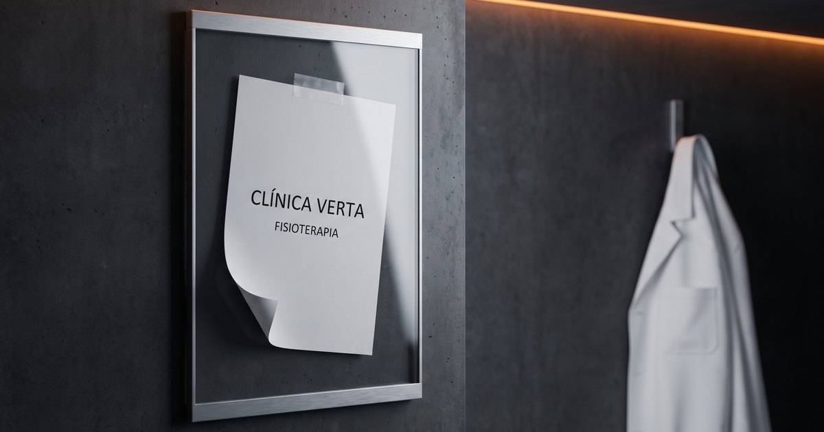 Placa de porta de consultório numa parede de concreto polido escuro, formada por uma moldura fina de alumínio escovado com uma lâmina de acrílico. Atrás do acrílico há uma folha de papel sulfite branca impressa em casa, levemente torta, com o canto de baixo levantado e uma fita transparente aparecendo no topo. No papel, em fonte comum de editor de texto, lê-se CLÍNICA VERTA e, abaixo, em corpo menor, FISIOTERAPIA. À direita, desfocado, um jaleco branco pendurado num gancho de alumínio, com o bolso do peito vazio e sem bordado nenhum.