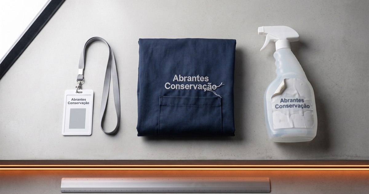 Vista de cima de um balcão de concreto polido com três objetos em fila: um crachá branco com o nome "Abrantes Conservação" impresso nítido, o bolso de uma camisa de uniforme azul-marinho com o mesmo nome bordado em linha branca já desbotada e esgarçada, e um borrifador branco deitado cuja etiqueta com o mesmo nome está descolando, manchada de água e com a tinta corrida. Uma linha de LED laranja ilumina a borda do balcão.