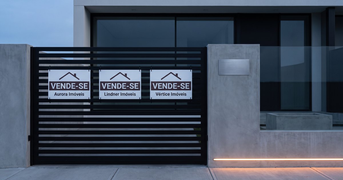 Portão de alumínio preto de uma casa contemporânea, ao anoitecer, com três placas de vende-se penduradas lado a lado, de três imobiliárias diferentes: Aurora Imóveis, Lindner Imóveis e Vértice Imóveis. As três têm fundo branco, o mesmo ícone de telhado e a palavra VENDE-SE em destaque. Uma linha de LED laranja ilumina a base do muro de concreto.
