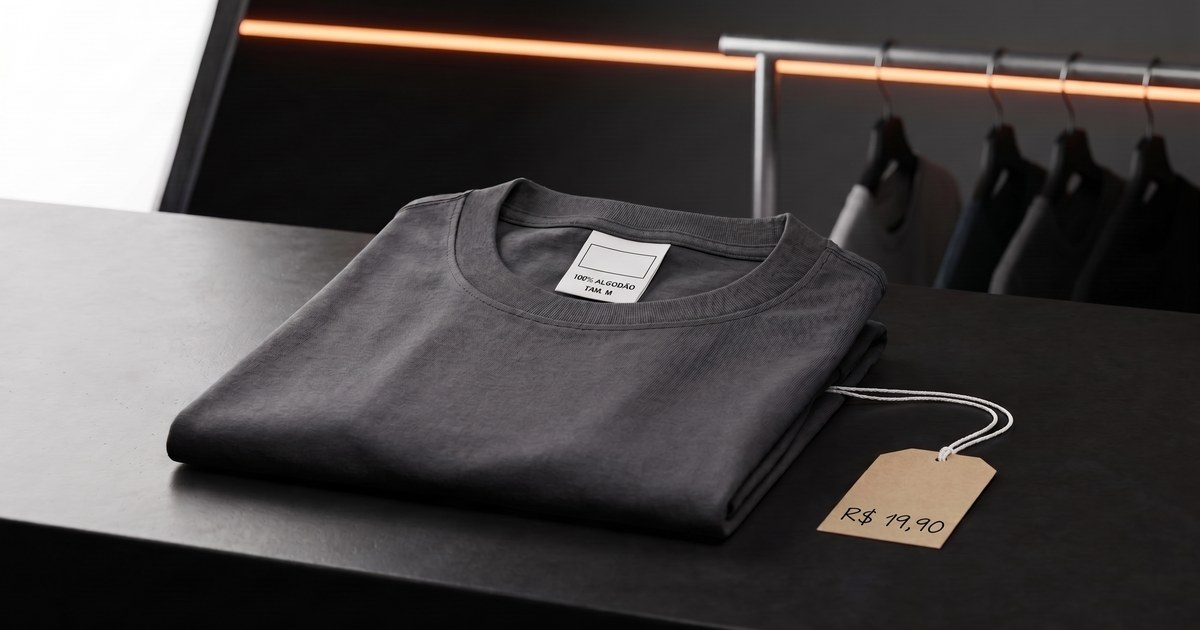 Camiseta de algodão cinza escuro dobrada sobre uma bancada de concreto polido escuro, com a gola virada pra fora mostrando a etiqueta interna branca costurada, que traz apenas as linhas 100% ALGODÃO e TAM. M e um espaço em branco acima delas. Ao lado da camiseta, uma pequena tag de papel kraft pendurada por um cordão fino mostra só um preço escrito à mão. Ao fundo, desfocados, uma arara de alumínio escovado com cabides pretos e uma barra de LED laranja acesa.