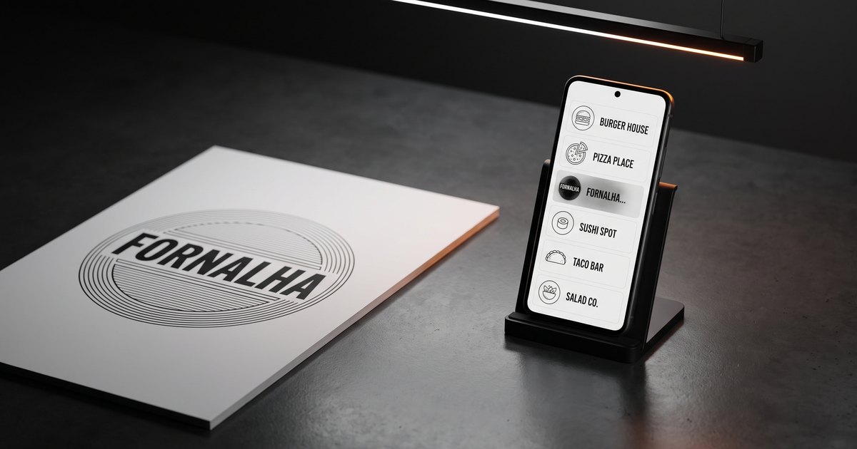 Prova de impressão A3 com o emblema circular de uma hamburgueria fictícia chamada FORNALHA sobre concreto escuro, e ao lado um celular em pé mostrando uma lista de delivery em que o mesmo emblema aparece reduzido a um círculo minúsculo e ilegível