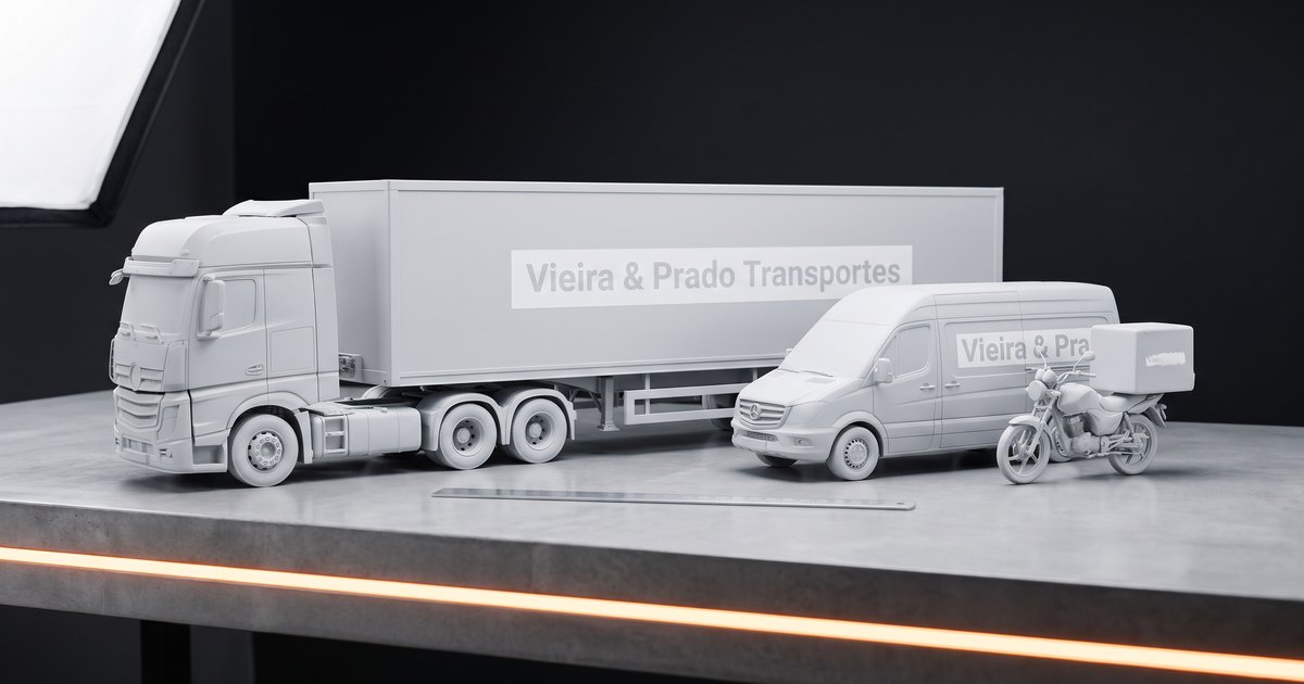 Três miniaturas brancas de veículos em fila sobre uma mesa de concreto polido: uma carreta, uma van e uma moto de entrega. Todas levam o mesmo nome em letras brancas, "Vieira & Prado Transportes". Na carreta o nome é grande e legível, na van ele fica apertado e cortado pela porta, e na moto vira um risco minúsculo. Uma linha de LED laranja ilumina a borda da mesa.